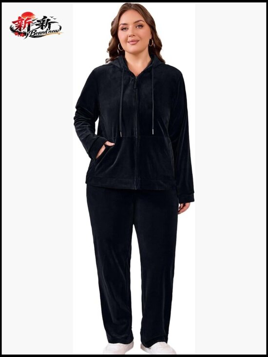 Pants - Women Plus Size Velour Tracksuit 2 Piece Set Zip Up Hoodie & Straight Leg Pant